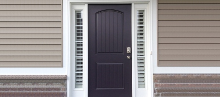 Entry Door Deep Plum Finish Arched V Groove Sidelights