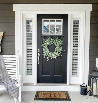Entry Door Matte Black Finish Wide White Trim Shutter Ideas