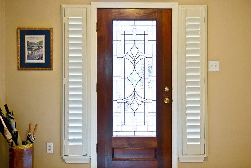 Entry Door Stained Glass Motif Wood and White Contrast