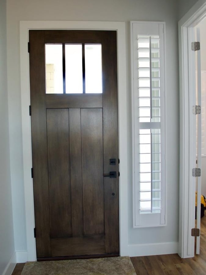 Entry Door Walnut Brown Stained Wood Matte Black Hardware