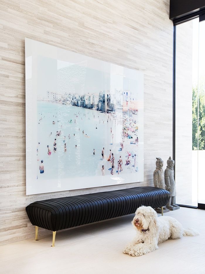 Entryway Bench Channeled Upholstery and Oversized Beach Art