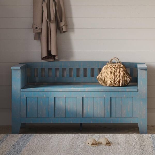 Entryway Bench with Distressed Blue Finish and Slatted Back