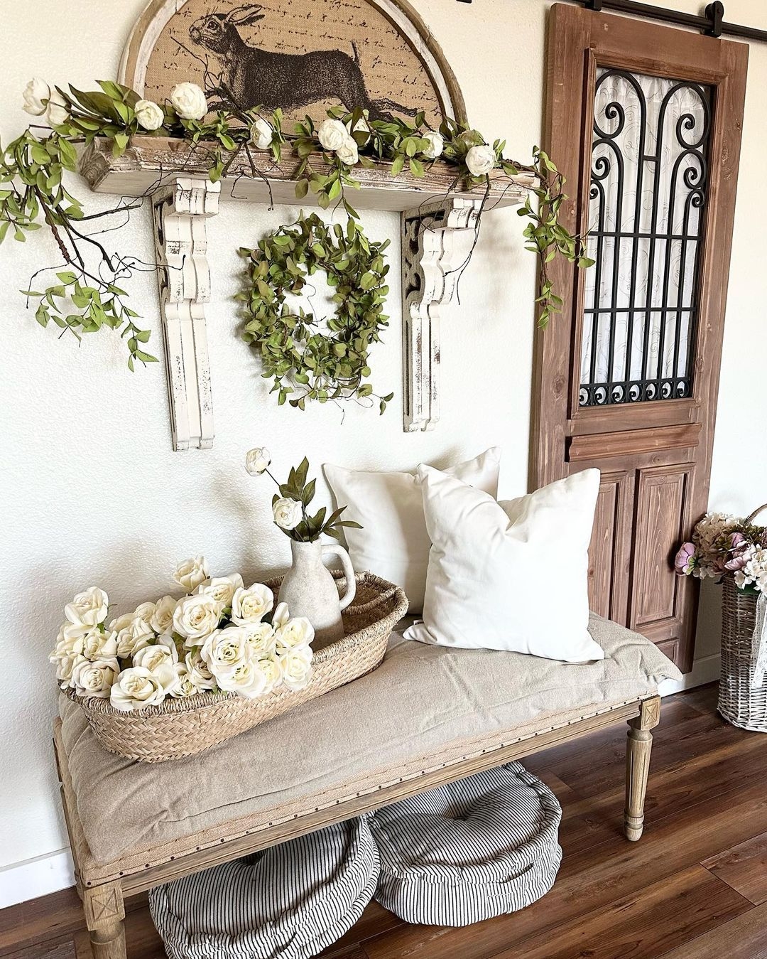 Entryway Bench with Rabbit Wall Art and French Country Decor