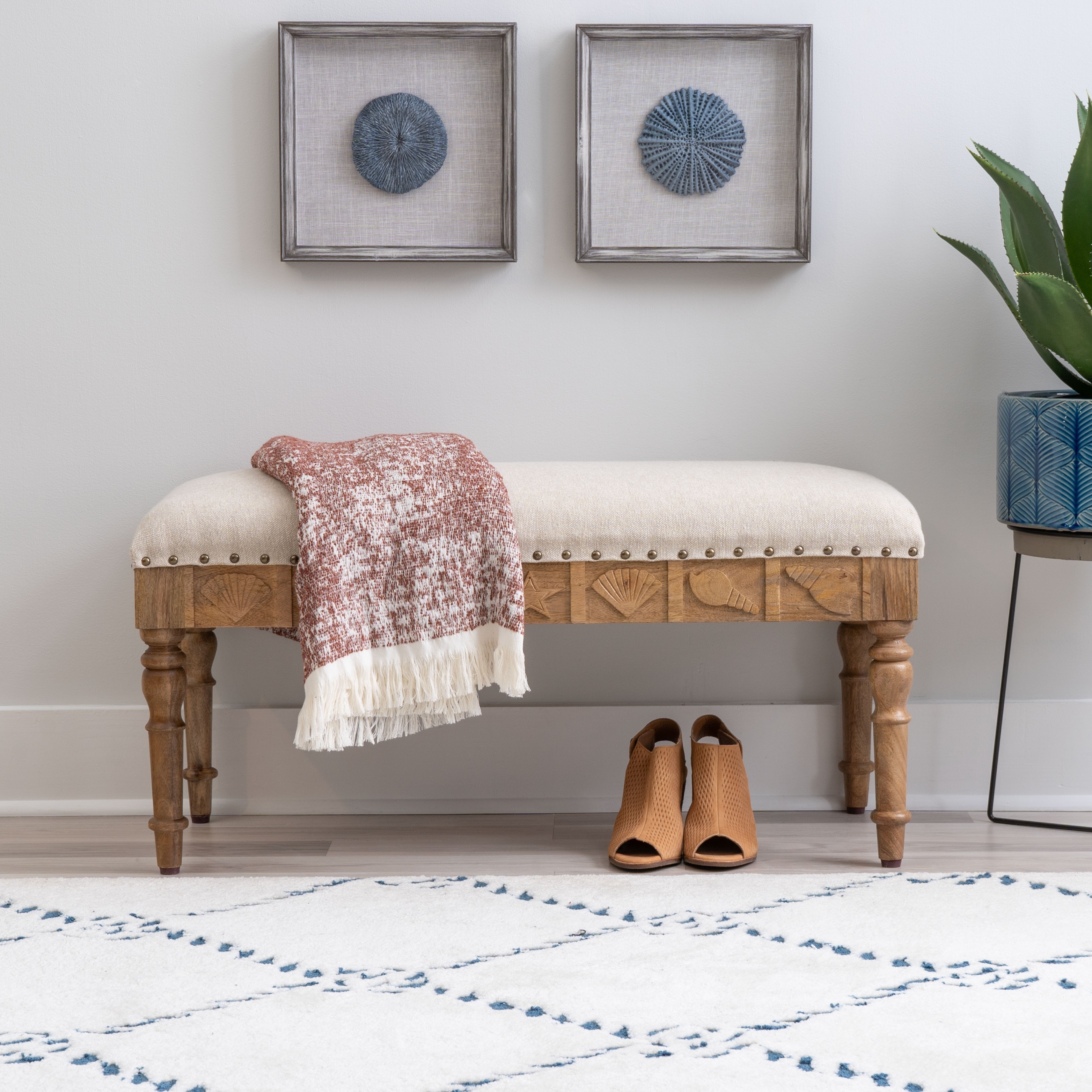 Entryway Bench with Seashell Carvings and Nailhead Trim