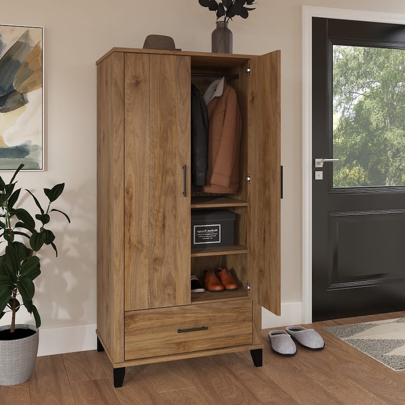 Entryway Cabinet Walnut Brown Hanging Rod Tall Mudroom Storage