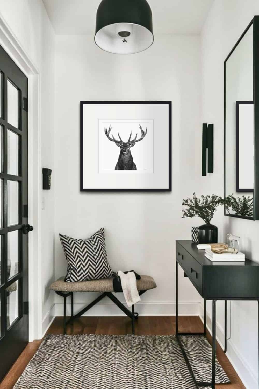 Entryway Console with Monochromatic Wildlife Art for Minimalist Foyer
