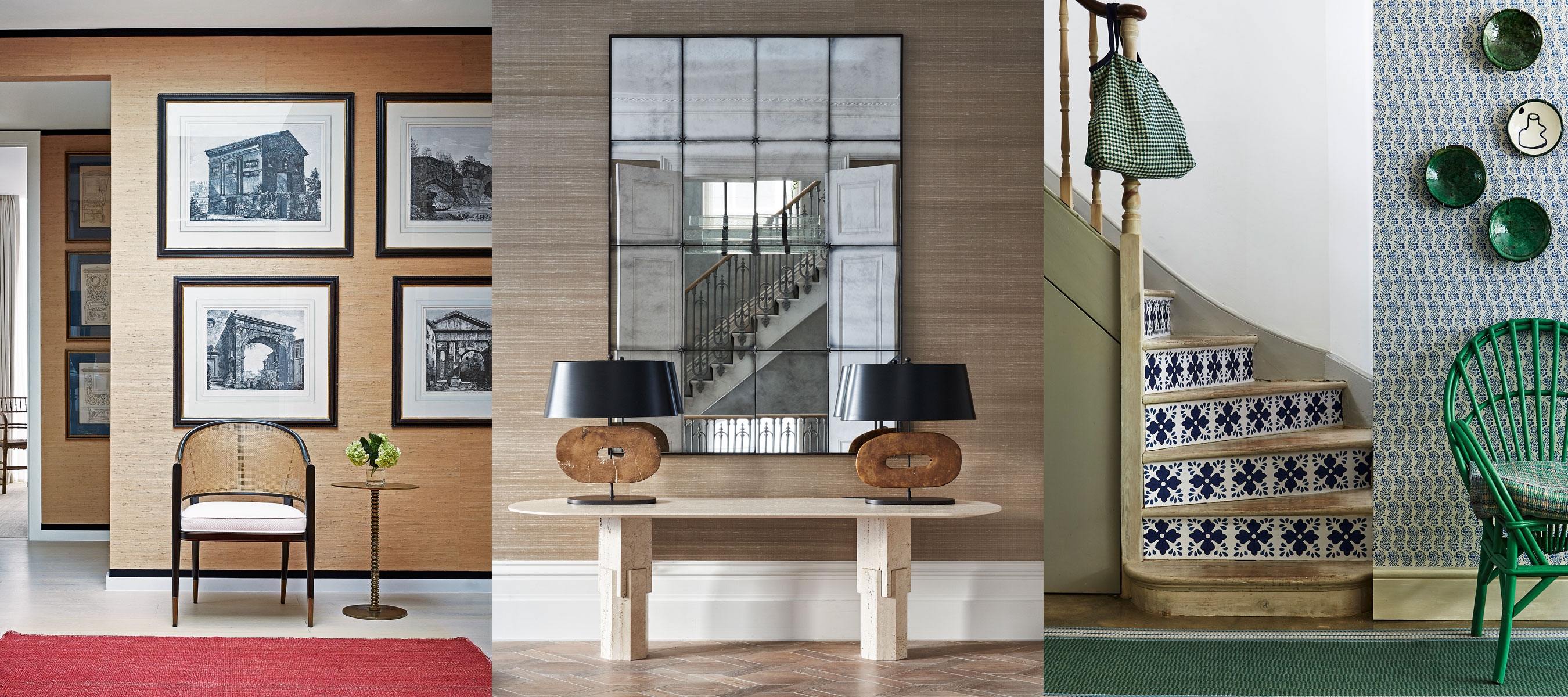 Entryway Furniture with Grid Mirror and Patterned Stair Riser Tiles