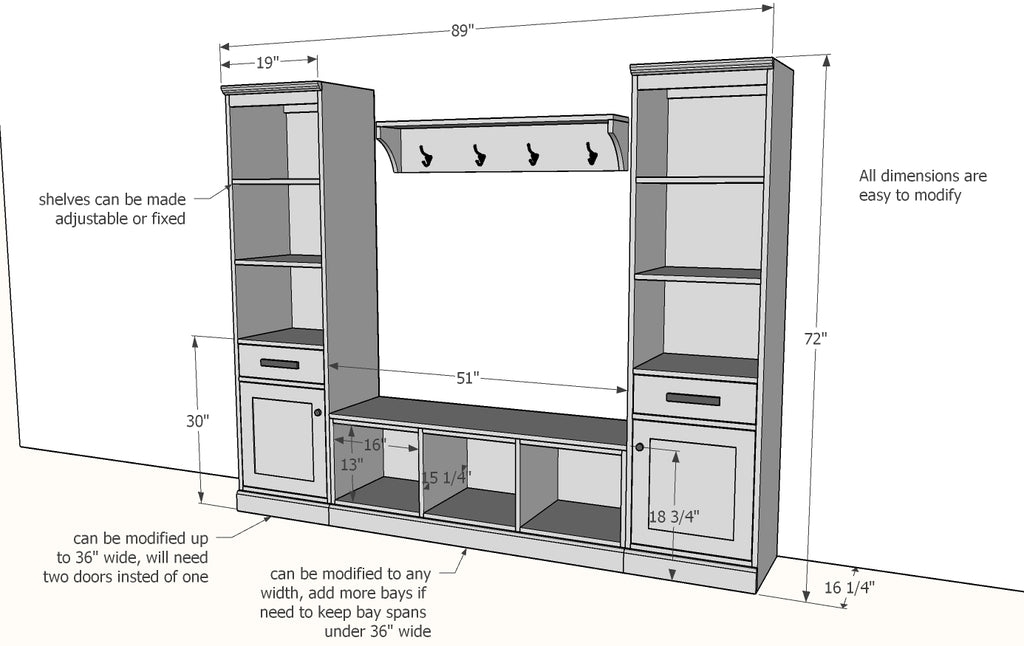 Entryway Hall Tree Modular Unit: Mudroom Bench with Towers Plans