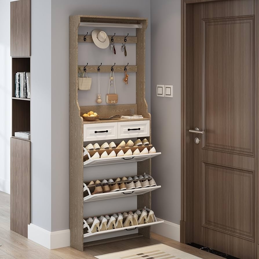 Entryway Organizer Oak Brown Flip Down Shoe Storage Slim Foyer Unit