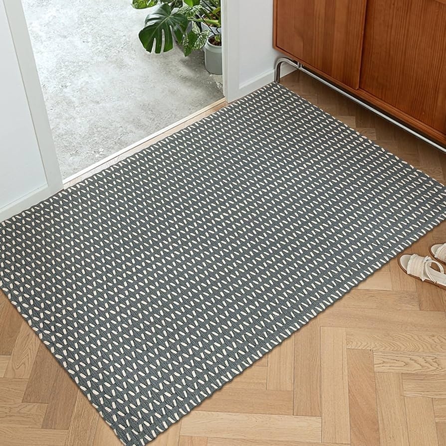 Entryway Rug: Dash Motif, Charcoal Base, Modern Farmhouse Mat