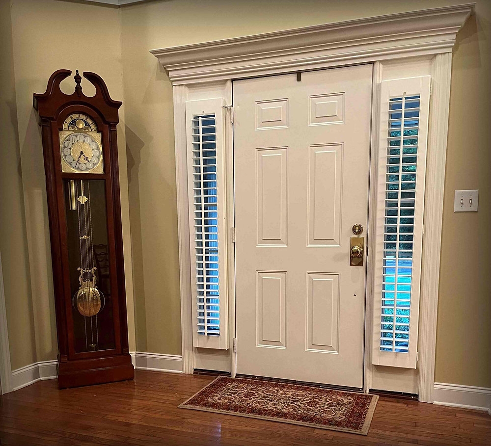 Entryway Sidelights Ornate Header Molding and Grandfather Clock