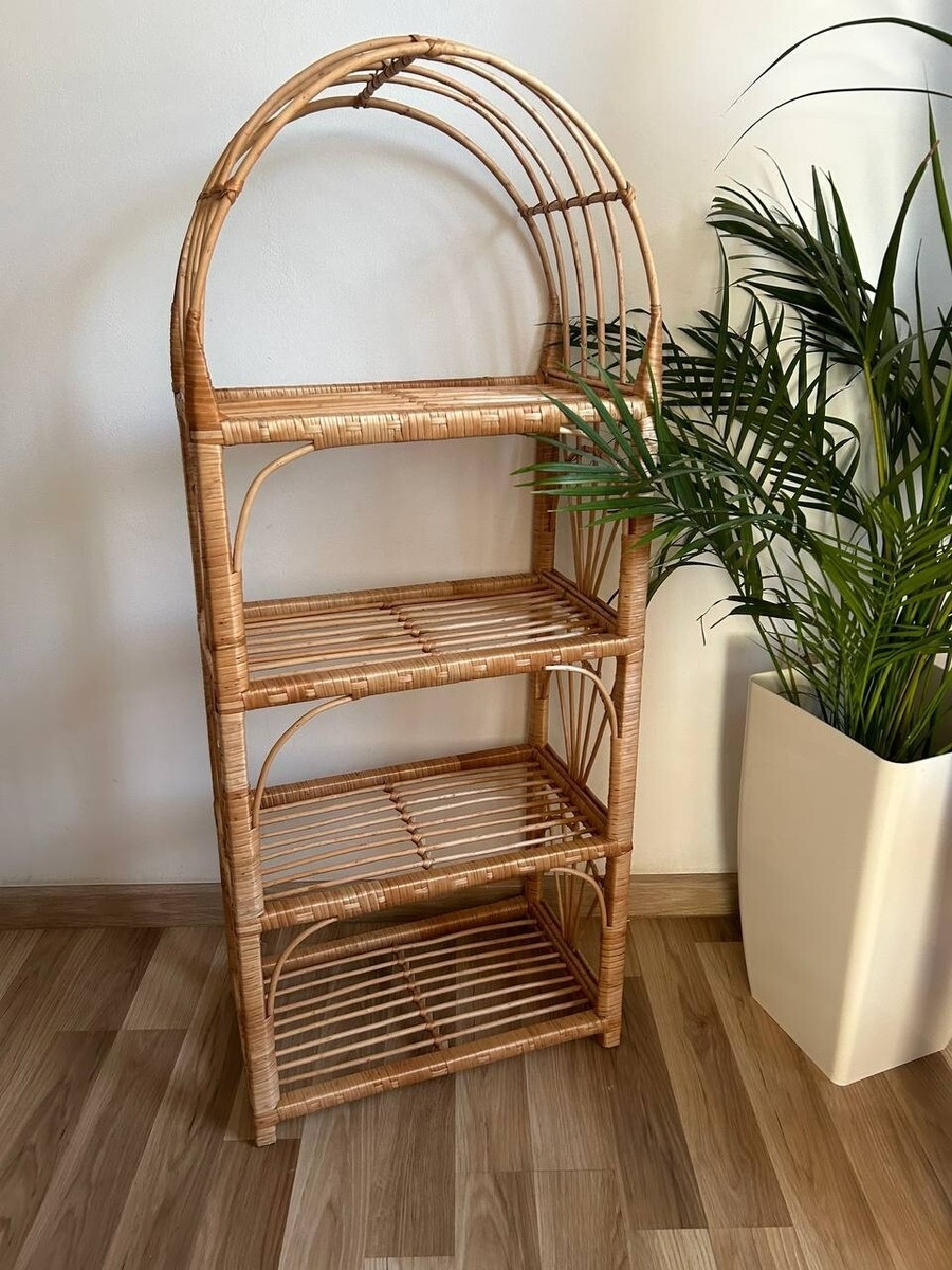 Etagere Arched Top Slatted Shelves Natural Fiber Stand