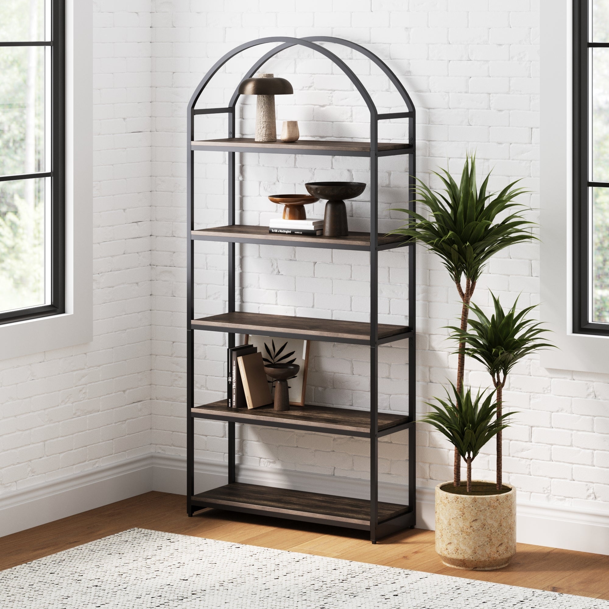 Etagere Bookshelf Arched Top Black Frame Wood Shelving