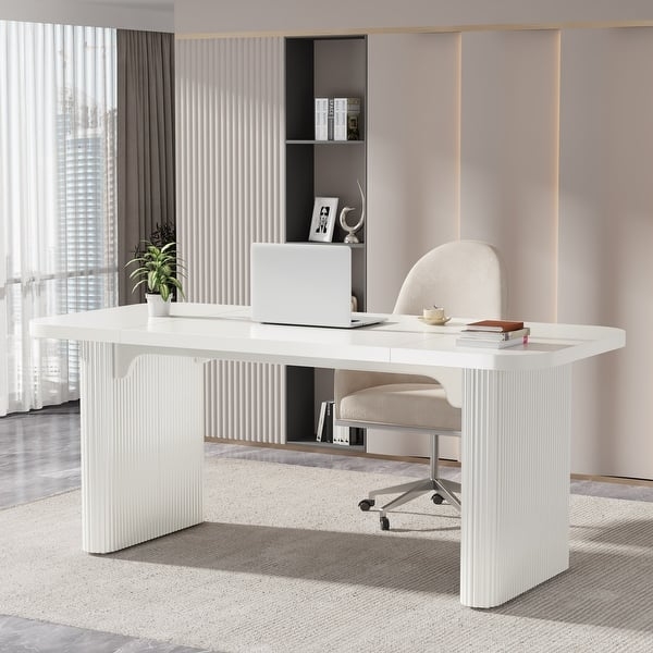 Executive Desk White Fluted Pedestal Legs Modern
