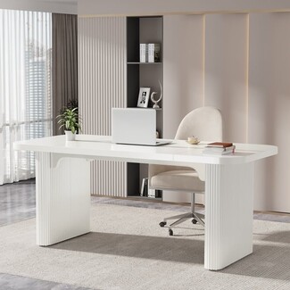 Executive Desk White Fluted Pedestal Legs Modern