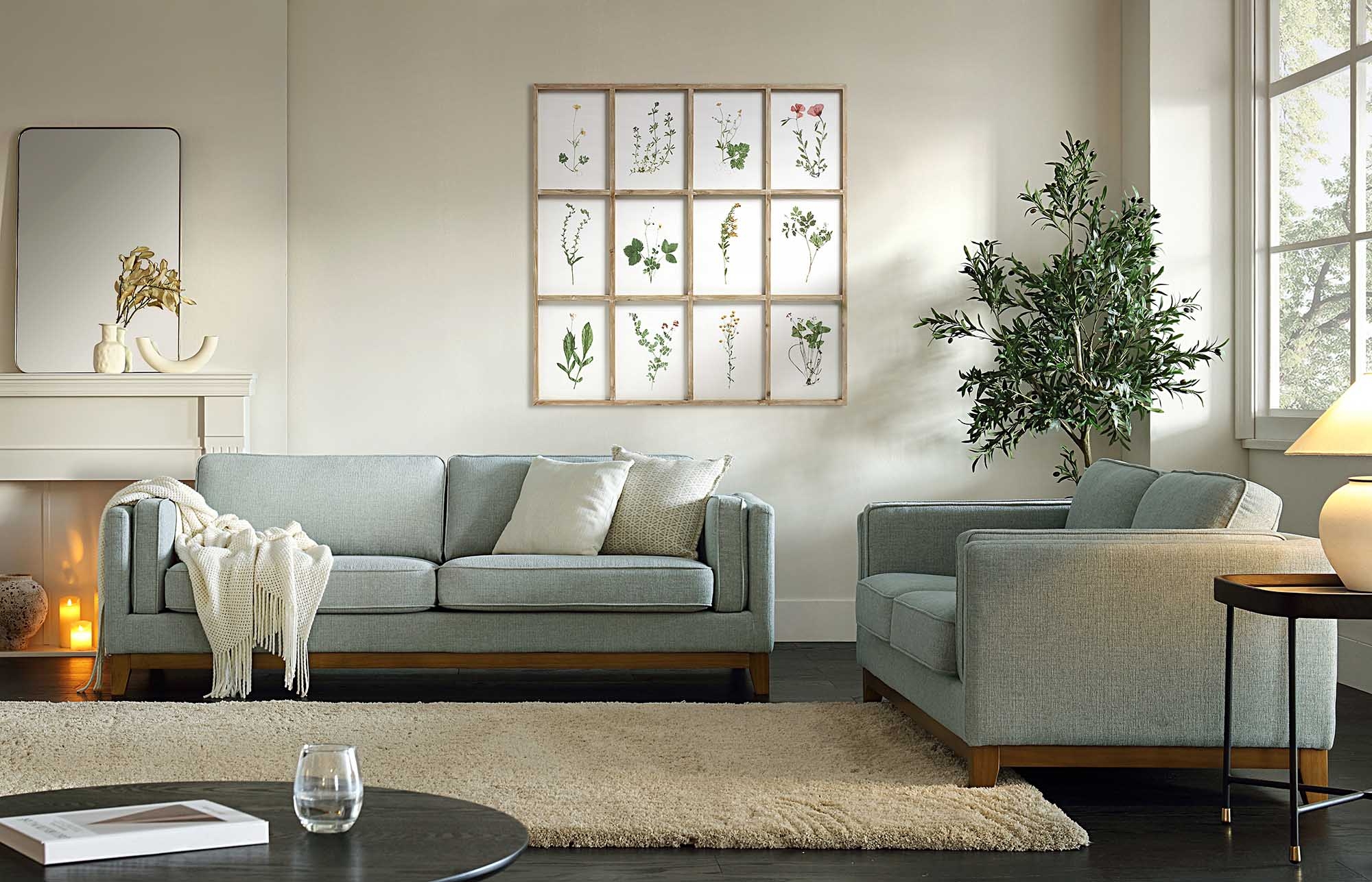 Fabric Sofa: Wooden Plinth Base with Modern Track Arms