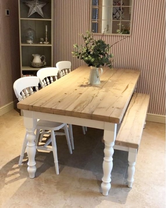 Farmhouse Dining Set: Turned Leg Kitchen Table with Plank Top