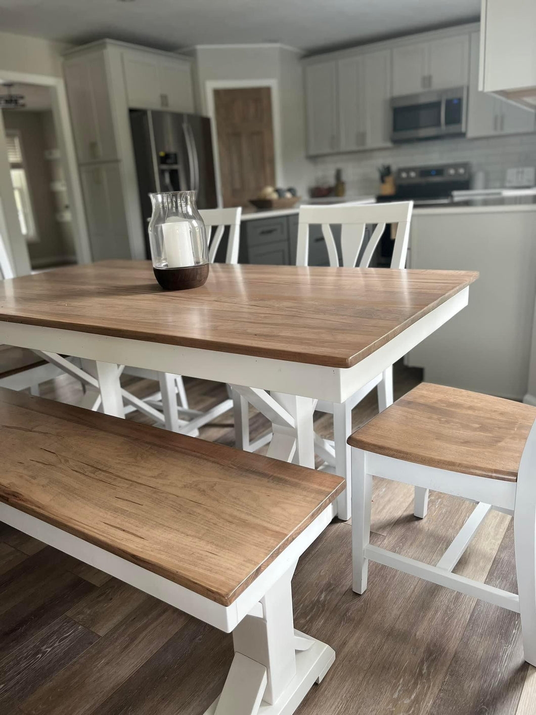 Farmhouse Dining Set: White X-Base Two-Tone Trestle Table