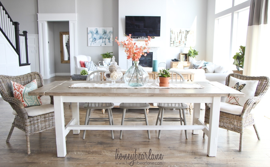 Farmhouse Dining Table: White Trestle Table Base with Mismatched Seating