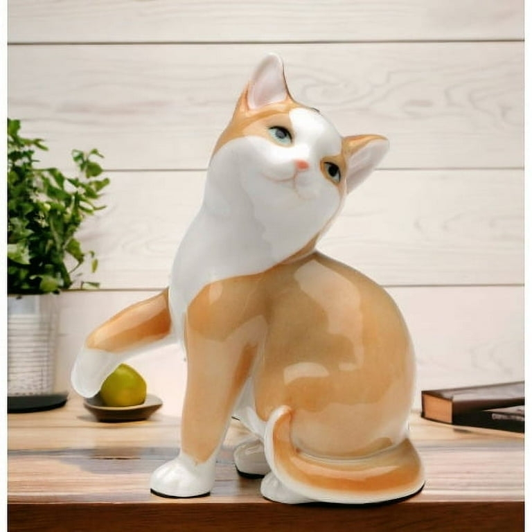Figurine: Glossy Glaze Ginger and White Cat Decor