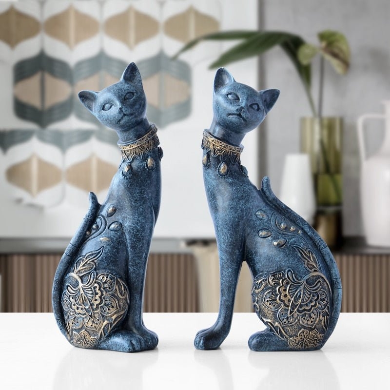 Figurine: Mottled Blue Finish Ornate Feline Statues