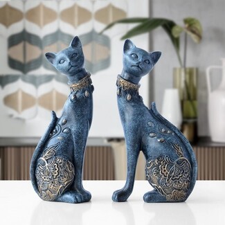 Figurine: Mottled Blue Finish Ornate Feline Statues
