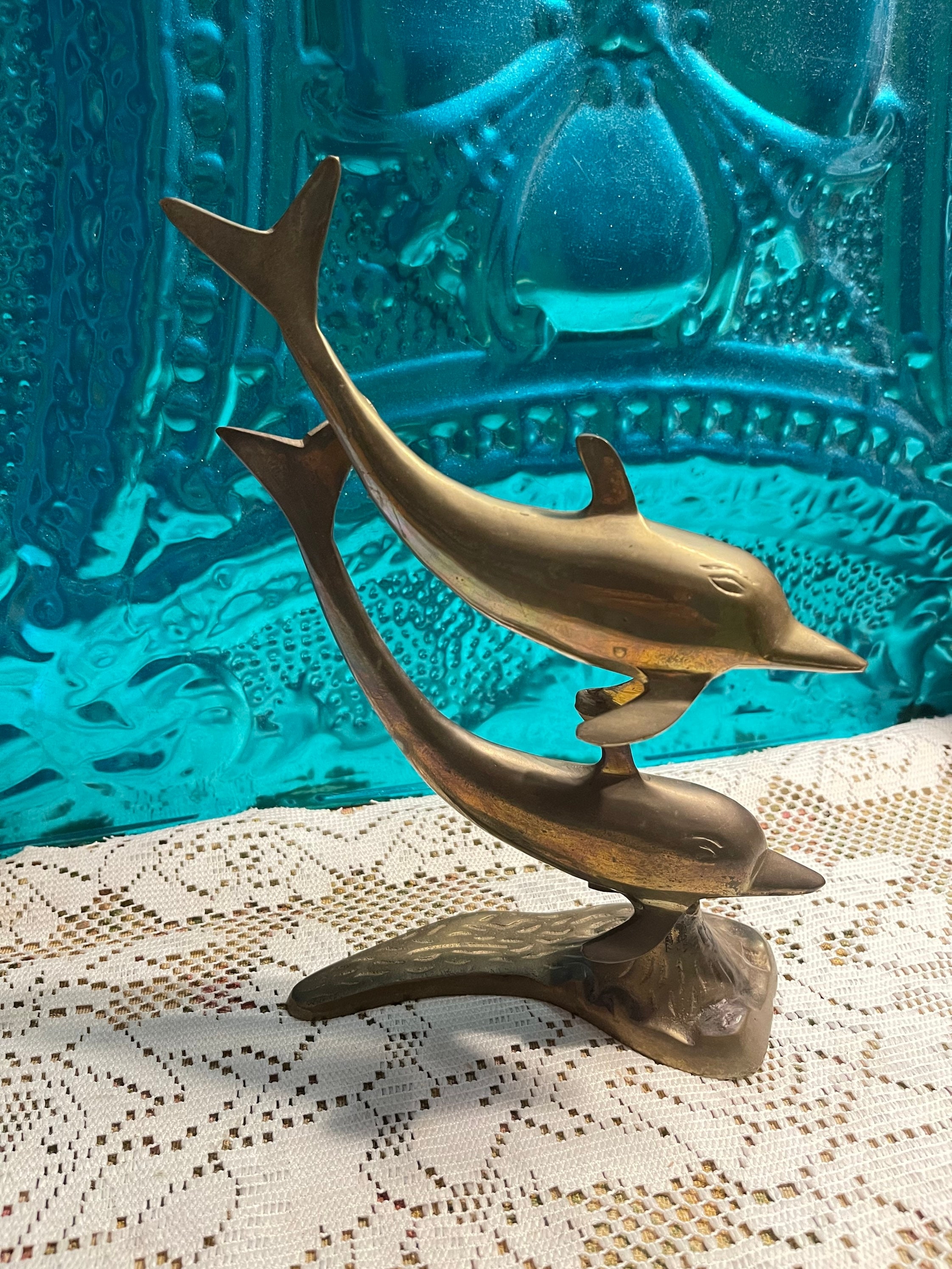 Figurine: Stacked Design Vintage Brass Gold Dolphin Statue