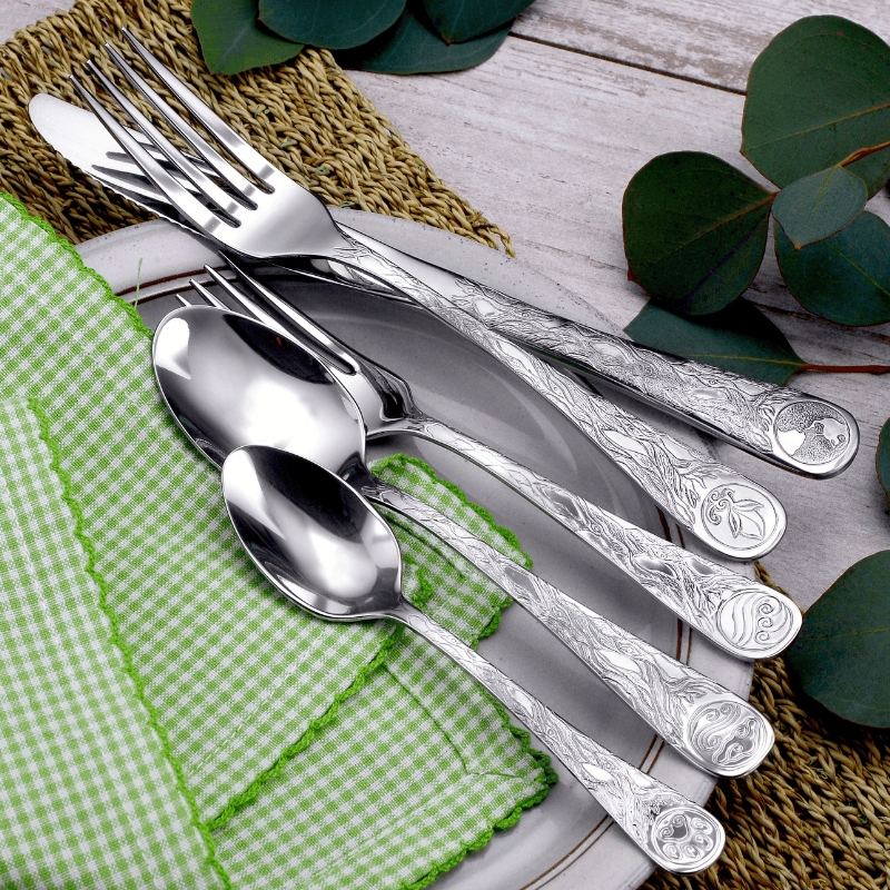 Flatware Set Bark Pattern Engraving with Elemental Symbols