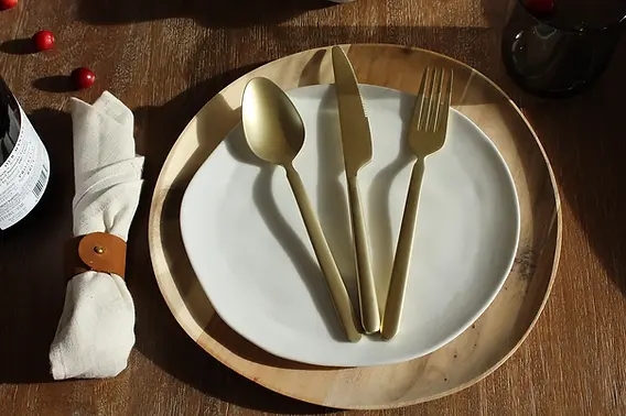 Flatware Set Matte Gold Finish with Leather Accents