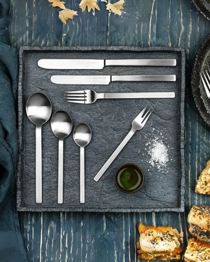 Flatware Set Square Handles and Brushed Slender Profile