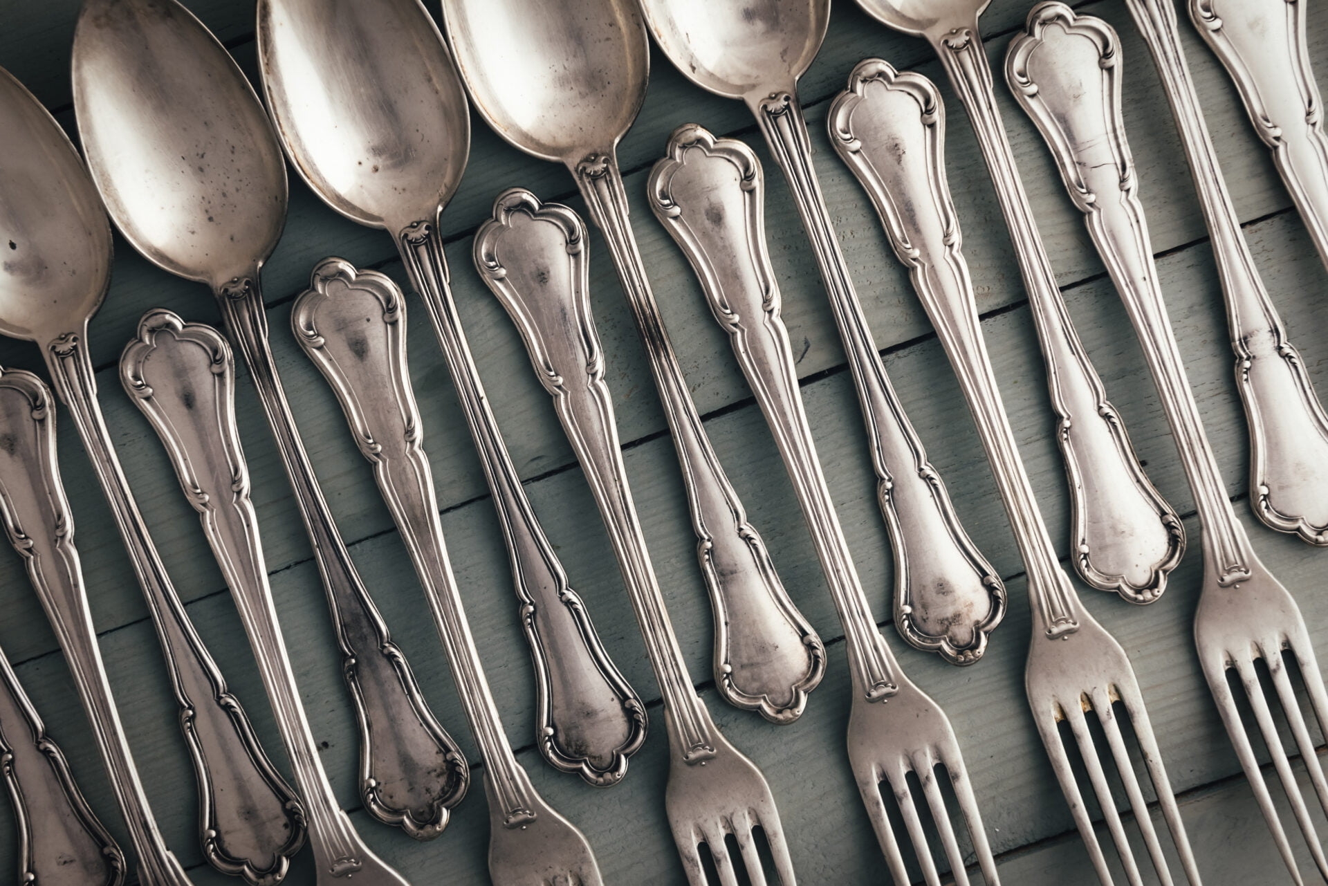 Flatware Set Tarnished Antique Finish with Ornate Scrollwork