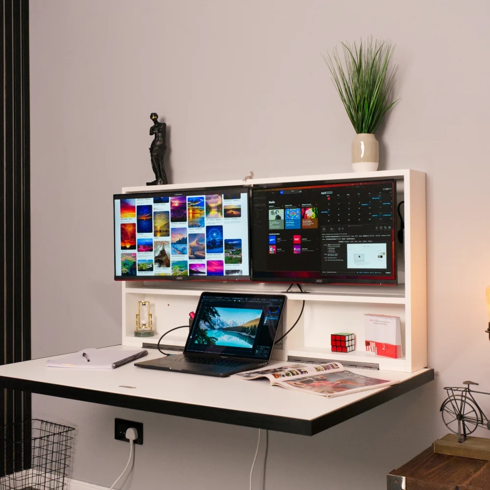 Floating Desk with Integrated Tech Storage and Dual Monitor Mount