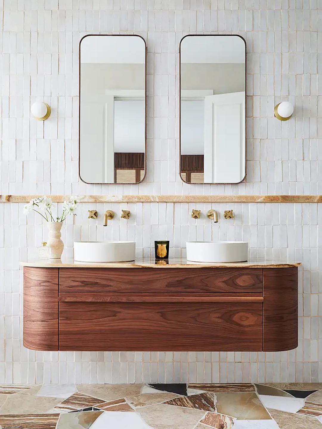 Floating Double Vanity with Curved Wood and Stacked Tile