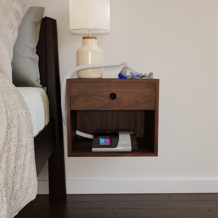Floating Nightstand: Walnut Wall Mounted Circular Handle Unit