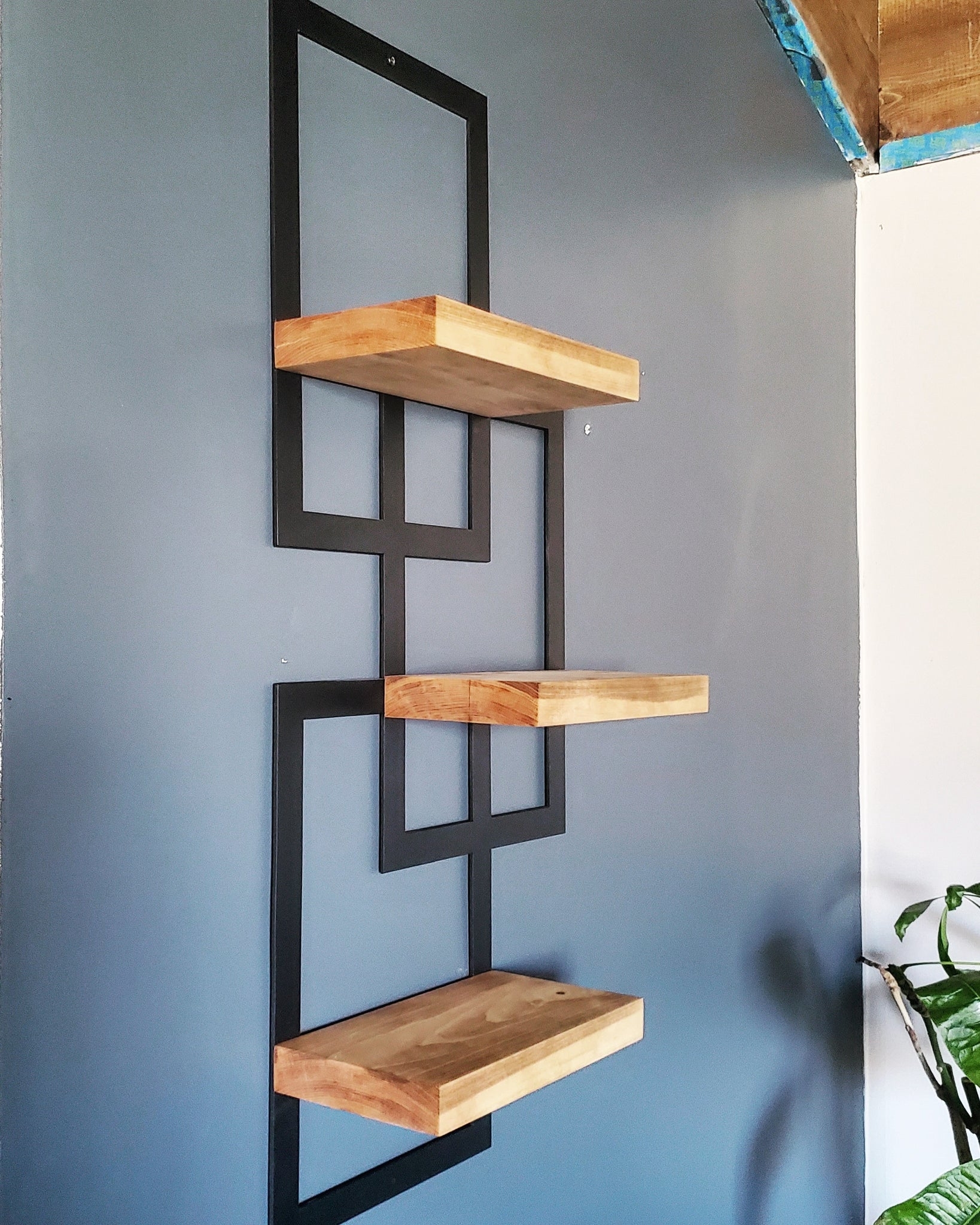 Floating Shelves Staggered Wood and Metal Geometric Frame
