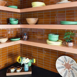 Floating Shelves Thick Profile and Amber Mid-Century Kitchen Tile