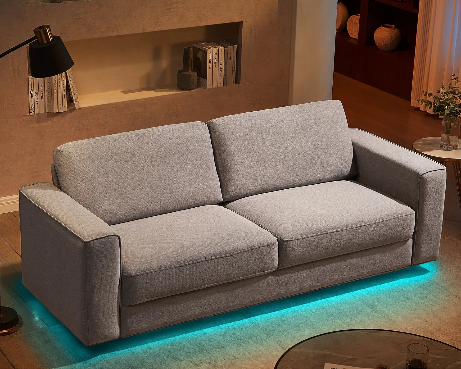 Floating Sofa in Heather Grey Fabric with Integrated Lighting