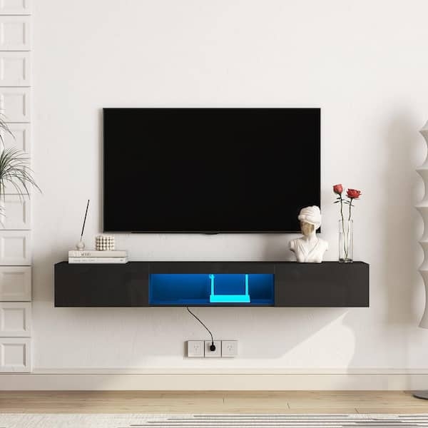 Floating Tv Stand with Integrated LED Lighting and Matte Black Stand