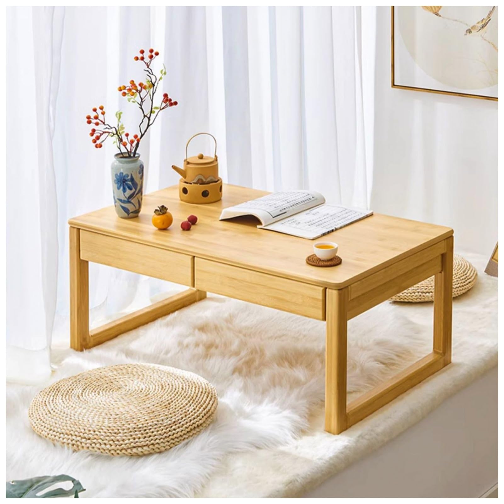 Floor Coffee Table Sled Base Wood with Two Drawers