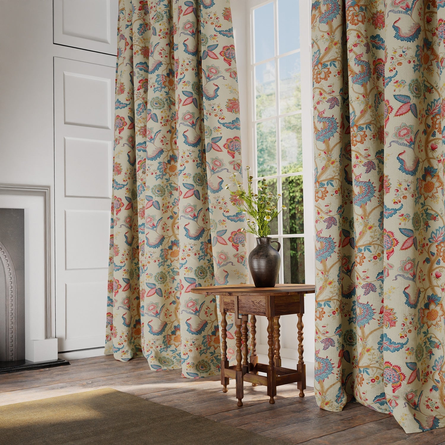 Floor Length Curtains: Botanical Print English Country Fabric
