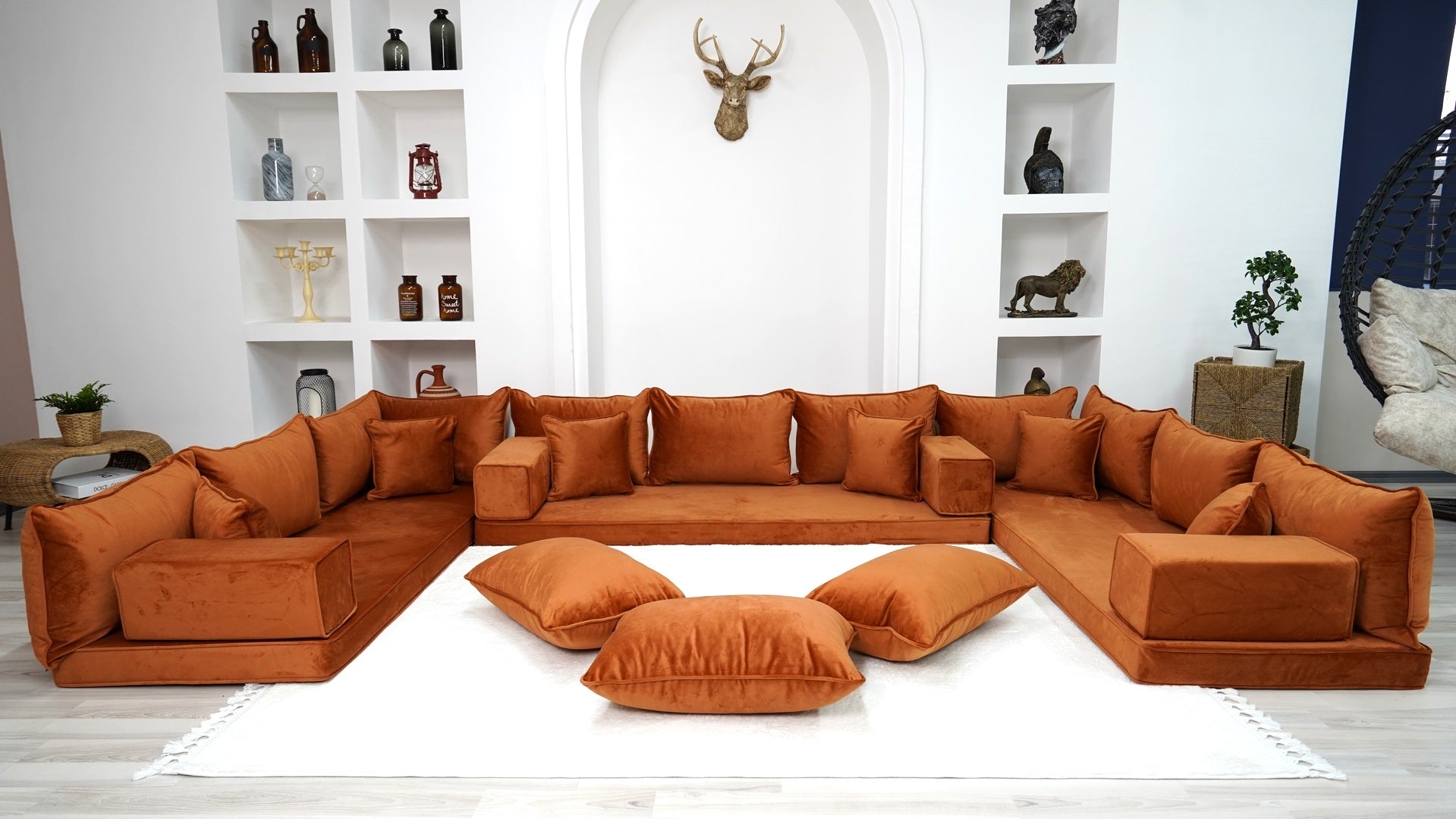 Floor Seating Sofa: U-Shaped Amber Velvet Moroccan Style