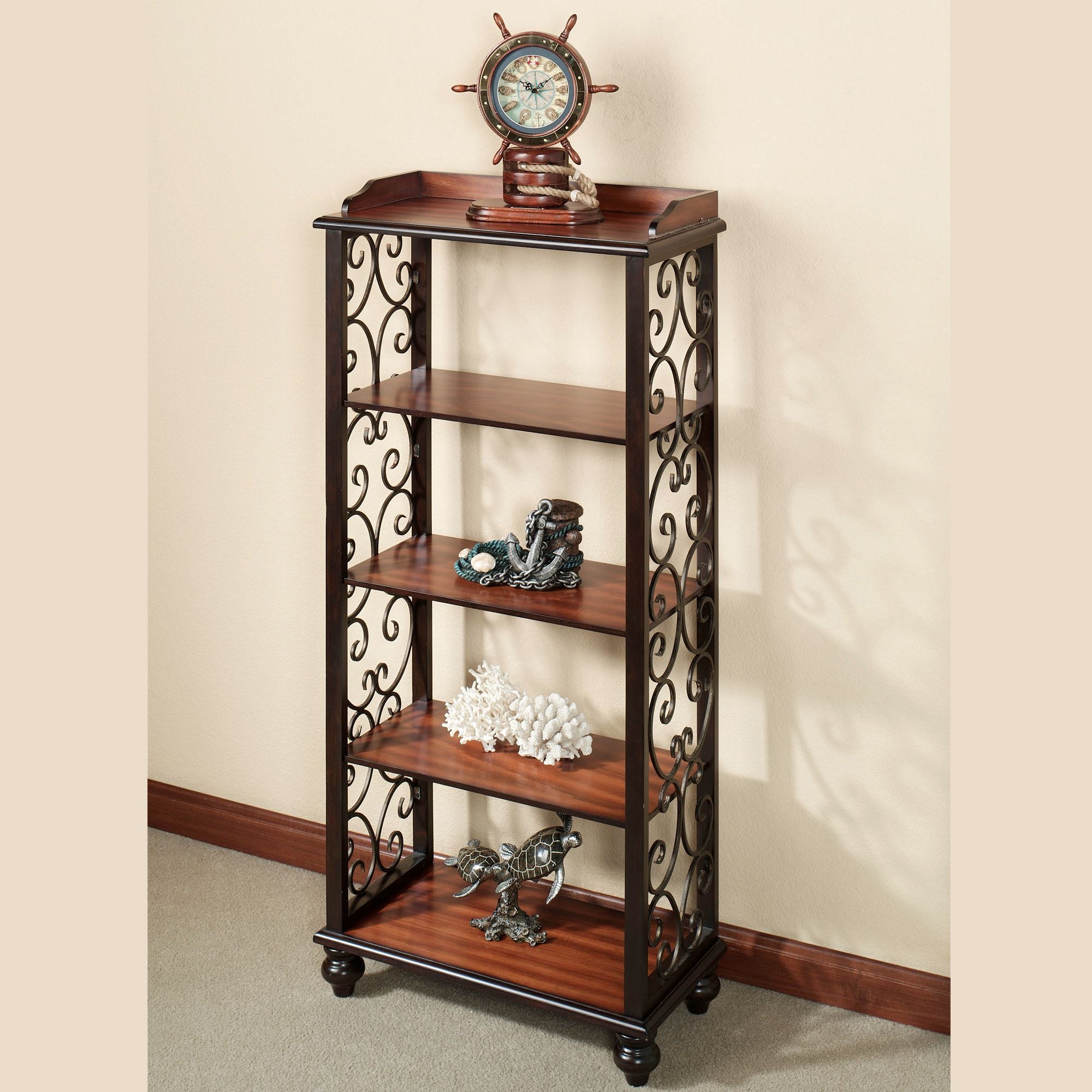 Floor Shelf Scrollwork Sides Regal Walnut Display Rack