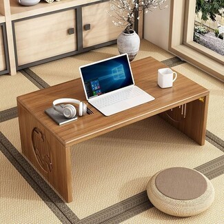 Floor Table Walnut Wood Carved Side Panel Zen Desk