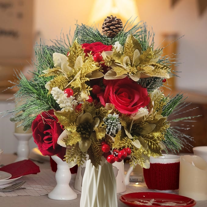 Floral Arrangement: Pinecone Topper and Gold Glitter Leaves