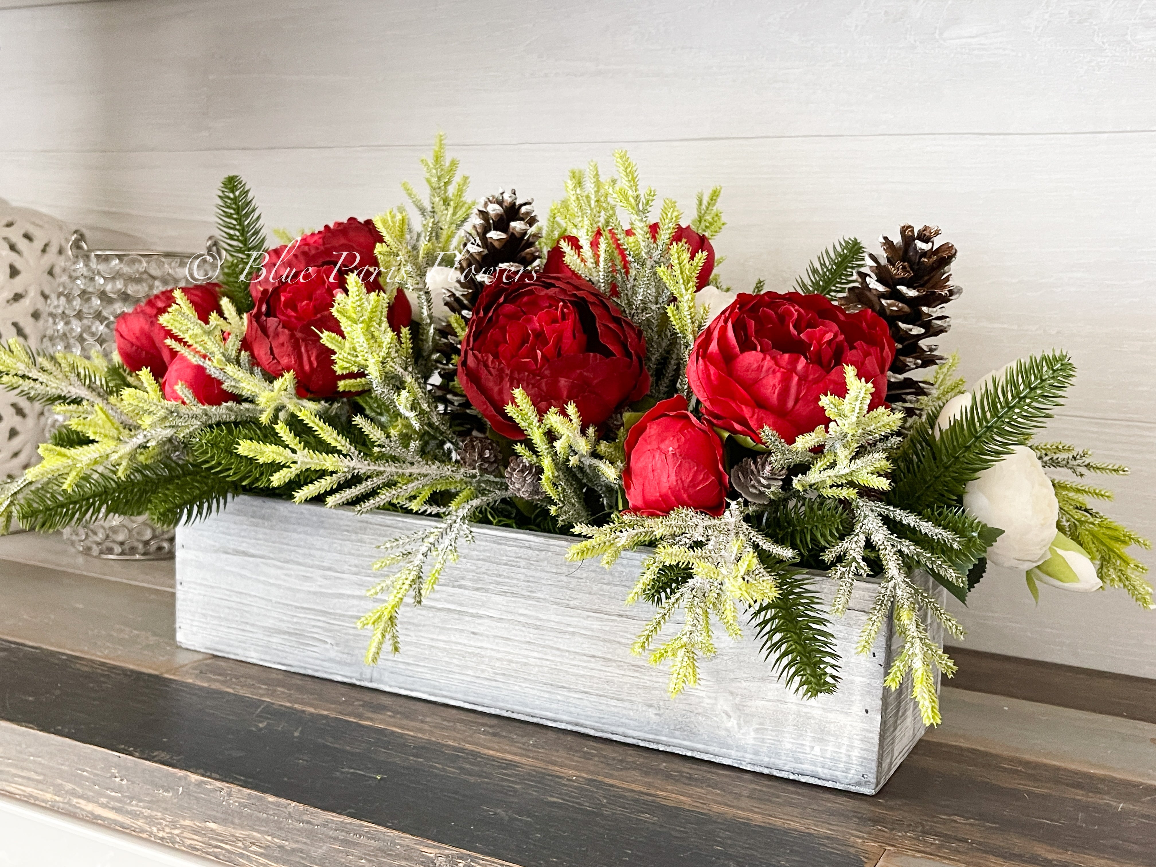 Floral Arrangement: Red Peony Centerpiece in Distressed Wooden Box