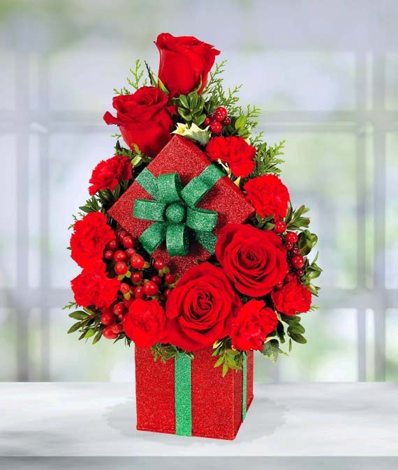 Floral Arrangement: Tree Shaped Design with Glitter Gift Box