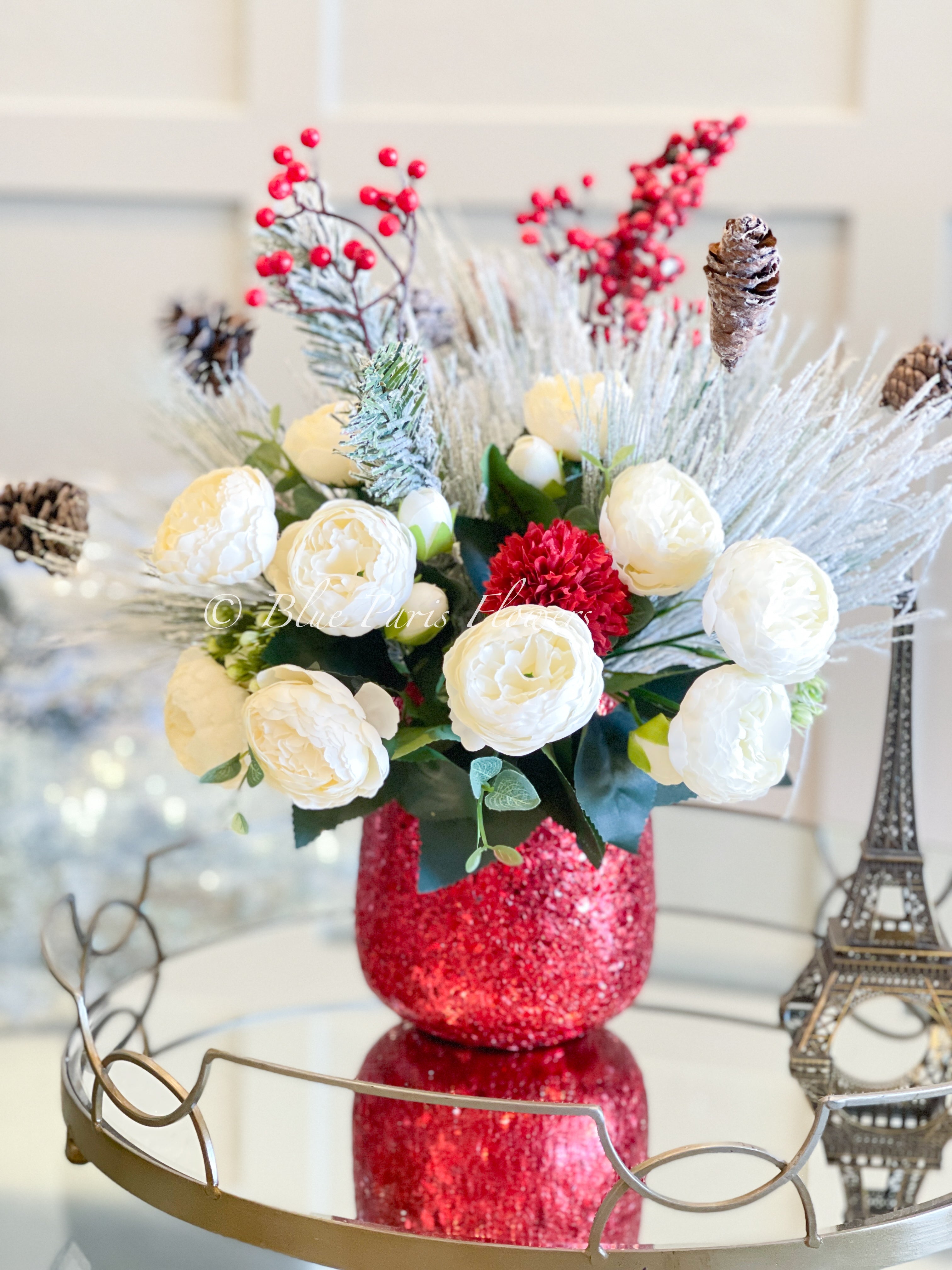 Floral Centerpiece: Red Glitter Vase with Winter Peony Blooms