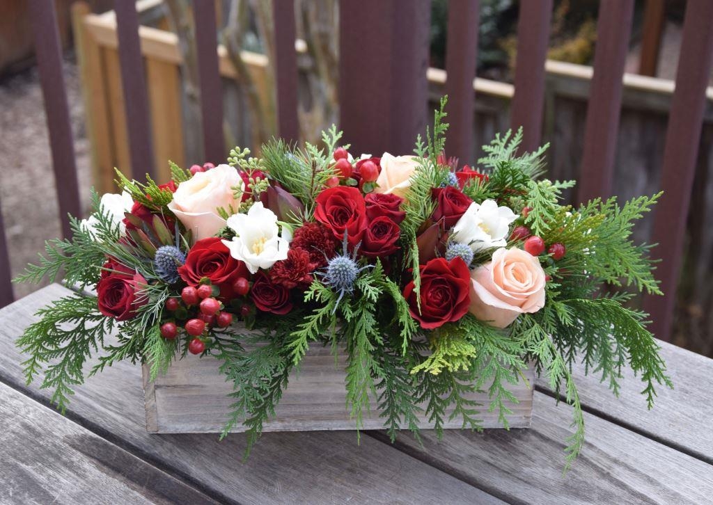 Floral Centerpiece: Weathered Wood Box with Peach Rose Accents