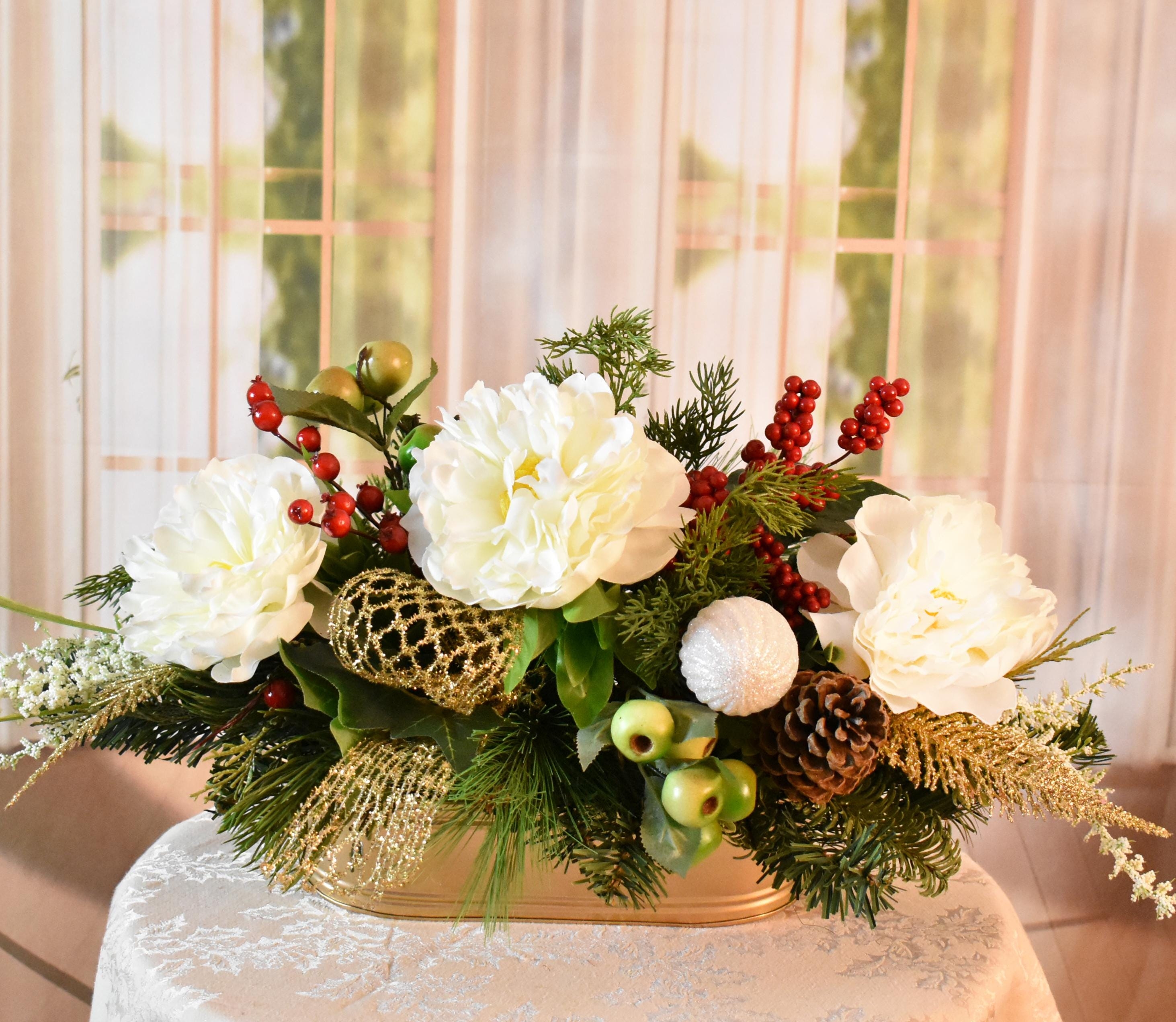 Floral Centerpiece: White Peonies and Silk Evergreen Berry Display