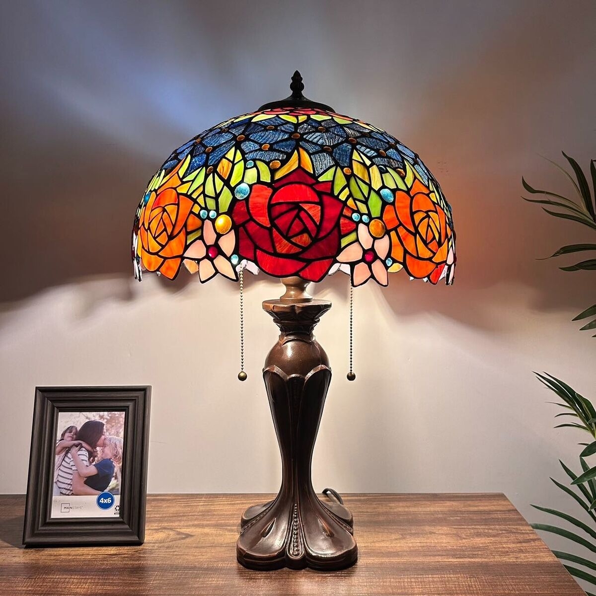 Floral Stained Glass Lamp with Pull Chains and Ruby Red Rose